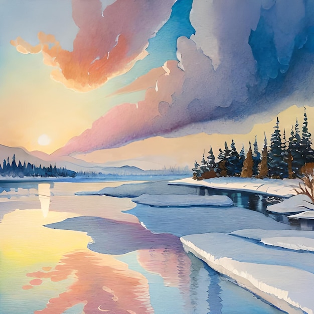 Uma pintura de um rio com um pôr do sol e um céu nublado.