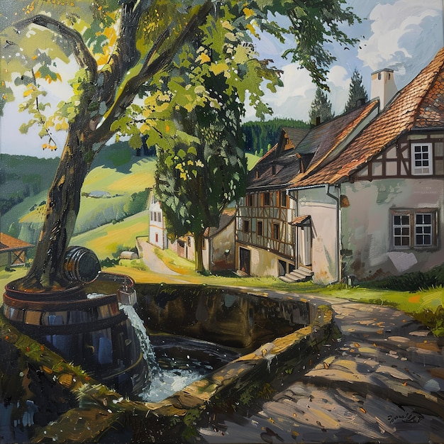 uma pintura de um rio com uma árvore e uma casa no fundo