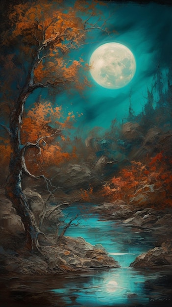 Uma pintura de um rio com uma lua no céu