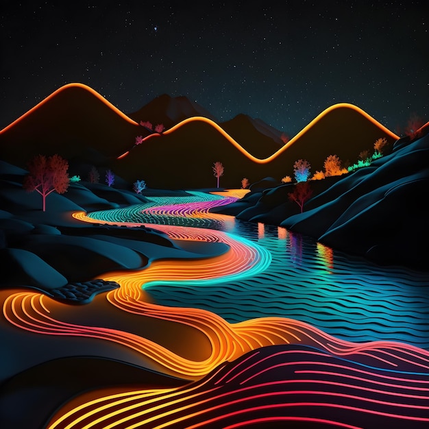 Uma pintura de um rio com uma luz neon sobre ele arte gerada por ai