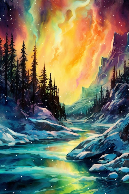 Uma pintura de um rio com uma montanha nevada ao fundo.