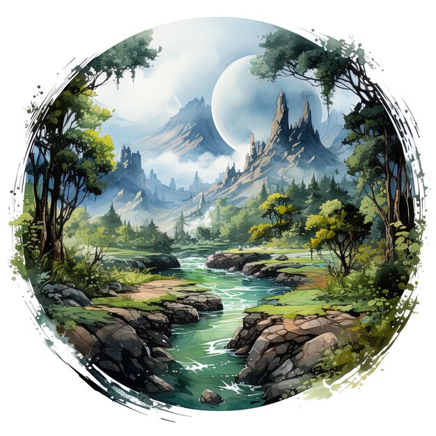 uma pintura de um rio com uma paisagem de montanha e um rio