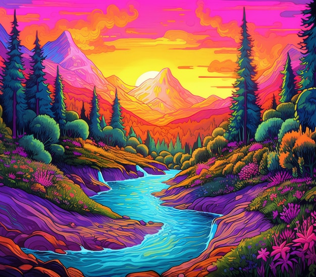 Uma pintura de um rio de montanha com um pôr do sol ao fundo generativo ai