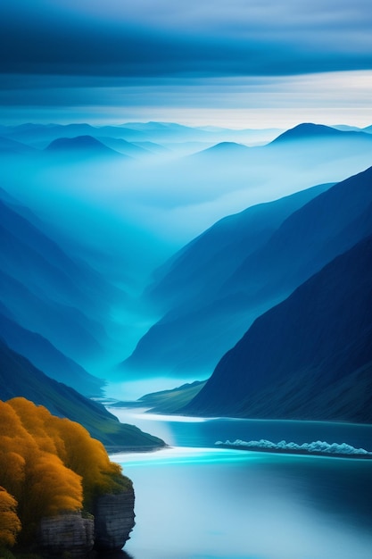Uma pintura de um rio e montanhas com um rio ao fundo.