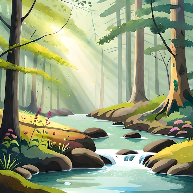 Uma pintura de um rio em uma floresta com raios de sol brilhando na água.