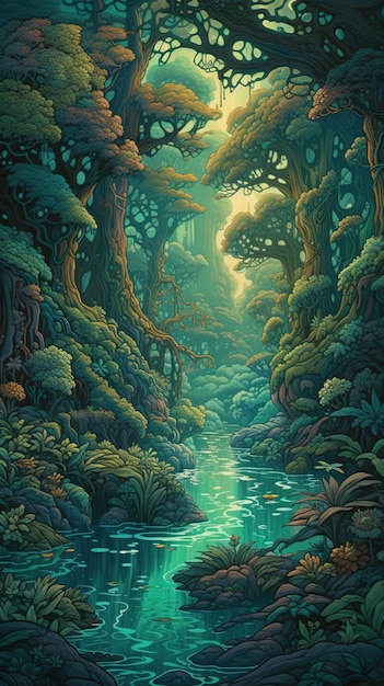 Uma pintura de um rio em uma floresta com uma floresta verde e um céu azul.