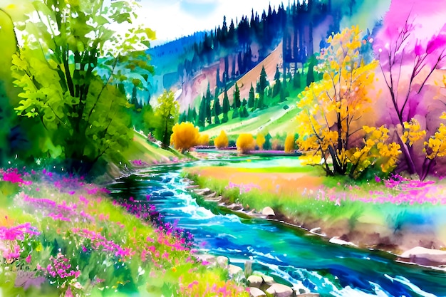 Uma pintura de um rio em uma paisagem montanhosa.