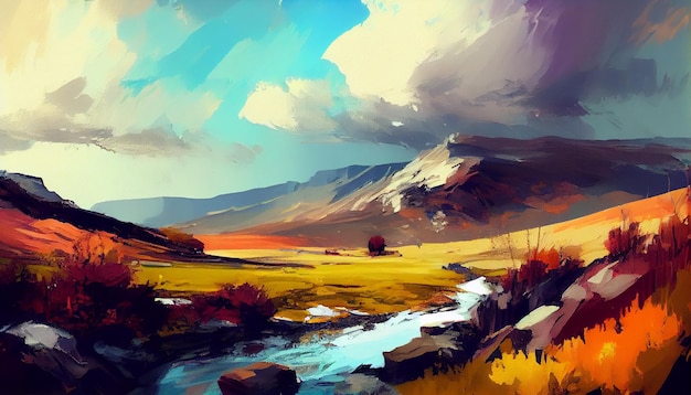 Uma pintura de um rio nas montanhas