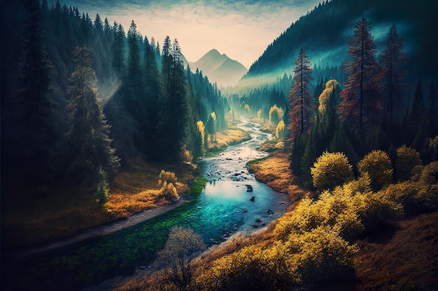 Uma pintura de um rio nas montanhas