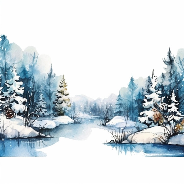 Uma pintura de um rio nevado com árvores e rochas generativas ai