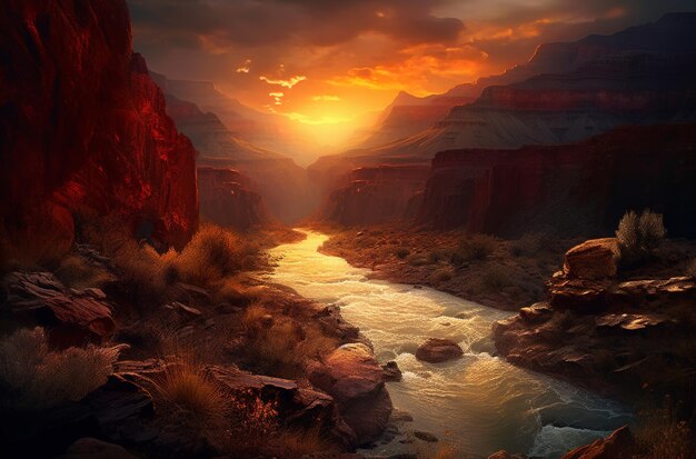 Uma pintura de um rio no Grand Canyon.