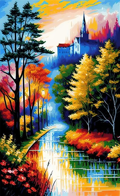 Uma pintura de um rio no outono