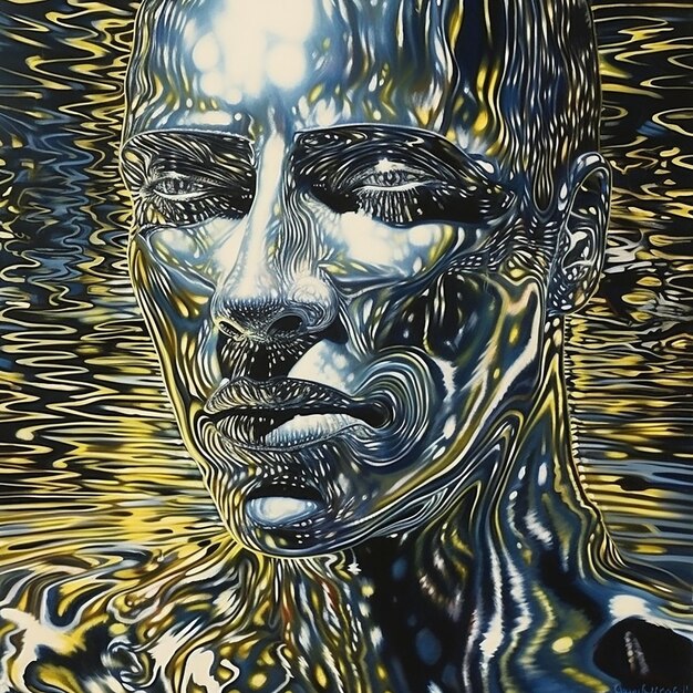 Uma pintura de um rosto humano com linhas douradas e pretas e as palavras na frente