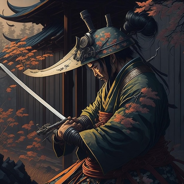 uma pintura de um samurai com uma espada na mão