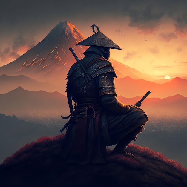 Foto uma pintura de um samurai sentado em uma colina com uma montanha ao fundo