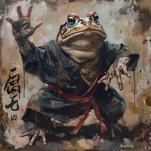 uma pintura de um sapo com um arco vermelho e a palavra tokyo nele