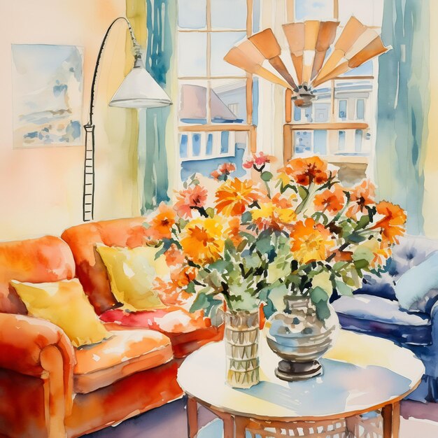 Uma pintura de um sofá com flores