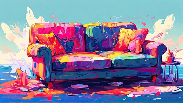 uma pintura de um sofá com um padrão colorido nele
