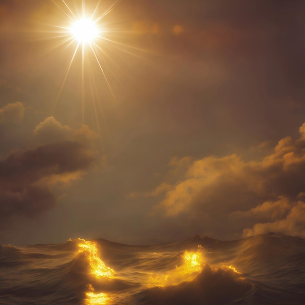 Uma pintura de um sol e o oceano com a palavra jesus nele