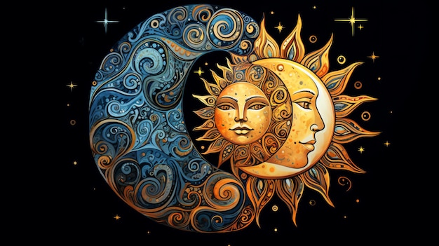 uma pintura de um sol e uma lua