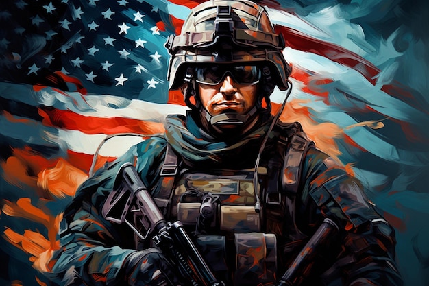 uma pintura de um soldado com a bandeira americana ao fundo.