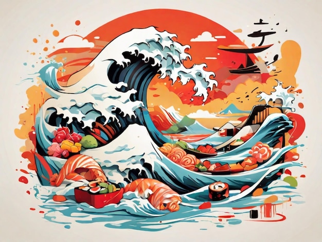 uma pintura de um surfista em um barco com a palavra sushi nele