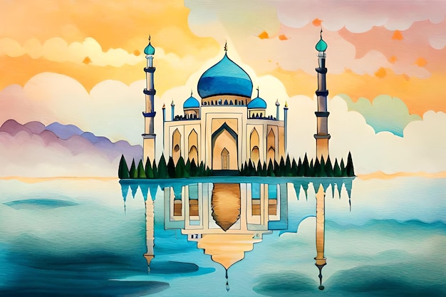 Uma pintura de um taj mahal azul com um céu dourado e nuvens.