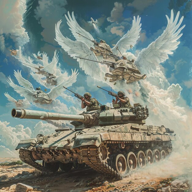 Foto uma pintura de um tanque com asas que dizem asas