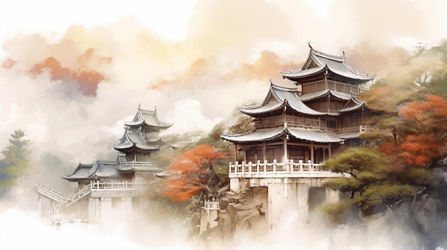 Uma pintura de um templo japonês na névoa