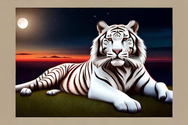 Uma pintura de um tigre branco deitado em um campo.