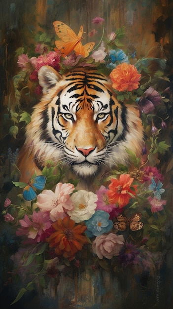 Uma pintura de um tigre com flores