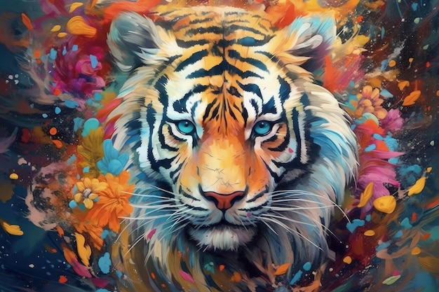 Uma pintura de um tigre com olhos azuis