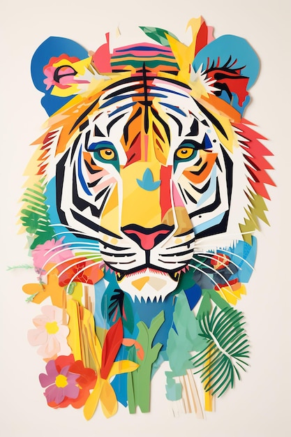Uma pintura de um tigre com um fundo colorido