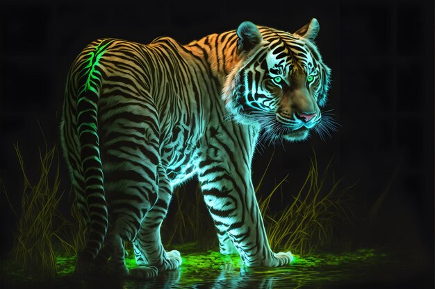 Uma pintura de um tigre com uma luz verde em seu rosto