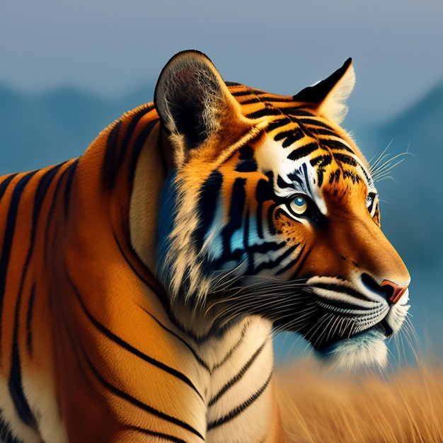 Uma pintura de um tigre de olhos azuis e uma montanha ao fundo.
