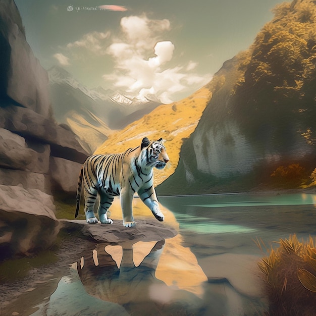 Uma pintura de um tigre em pé sobre uma rocha em um rio.