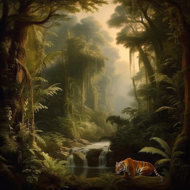 Uma pintura de um tigre em uma floresta com uma cachoeira ao fundo.