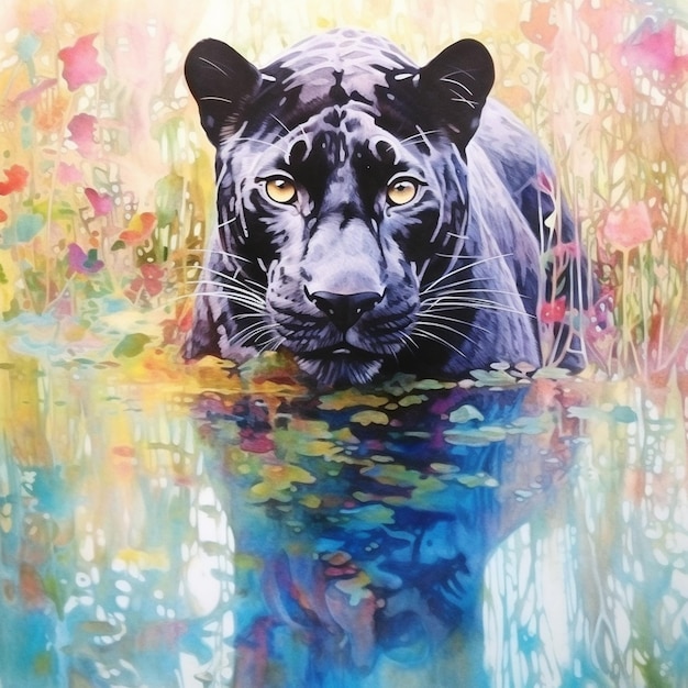 Uma pintura de um tigre preto na água