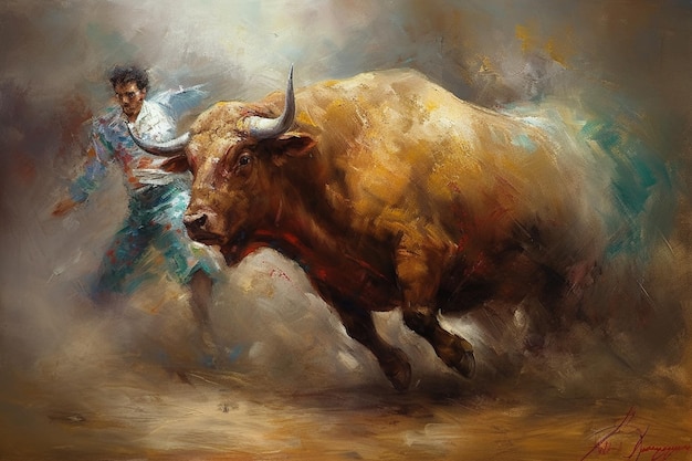 Uma pintura de um touro com chifres e um homem correndo.
