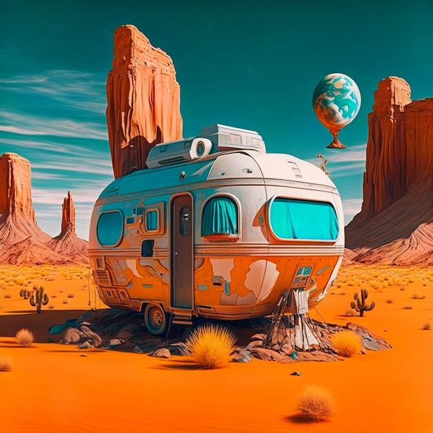 Uma pintura de um trailer com um planeta Terra nele