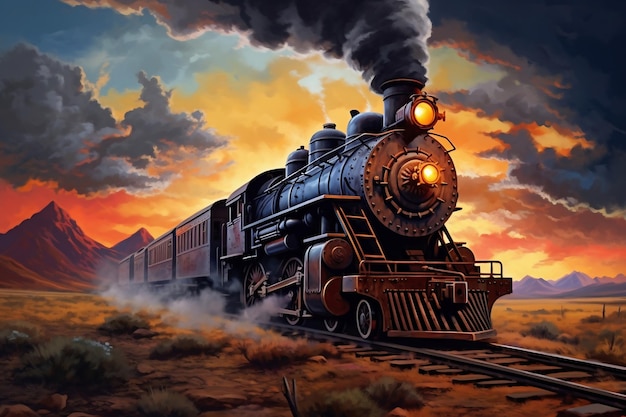 Uma pintura de um trem em um trilho A locomotiva se move entre as montanhas e a bela natureza ao longo dos trilhos Fumaça saindo da chaminé de um trem retrô