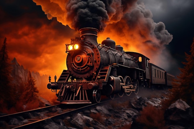 Uma pintura de um trem em um trilho de trem A locomotiva a vapor se move ao pôr do sol sob os raios vermelhos do sol ao longo dos trilhos da ferrovia Nuvens de fumaça saindo da chaminé de um trem retrô