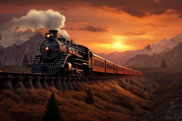 Uma pintura de um trem em um trilho de trem A locomotiva a vapor se move ao pôr do sol sob os raios vermelhos do sol ao longo dos trilhos da ferrovia Nuvens de fumaça saindo da chaminé de um trem retrô