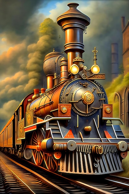 uma pintura de um trem em um trilho de trem gerado por ai