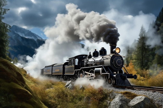 Foto uma pintura de um trem em uma linha de trem a locomotiva se move entre as montanhas e a bela natureza ao longo dos trilhos fumaça da chaminé de um trem retro