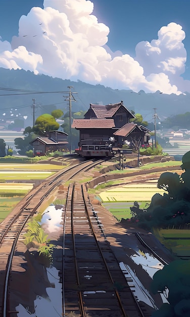 Uma pintura de um trilho de trem com uma casa ao fundo Imagem generativa de IA