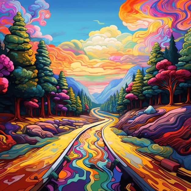 Uma pintura de um trilho de trem com vista para a montanha ao fundo.