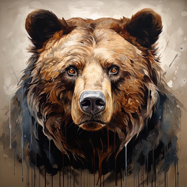 uma pintura de um urso com um rosto castanho e escrita preta nele