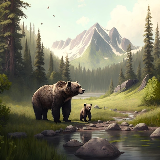 Uma pintura de um urso e seu filhote em uma floresta.