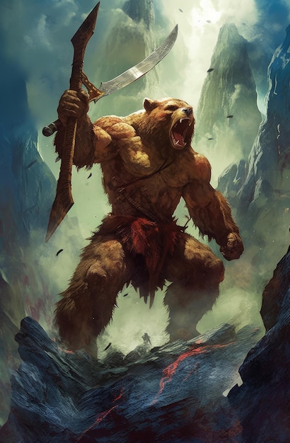 Uma pintura de um urso segurando uma espada na mão.